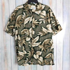 Vintage Men Hawaiian Shirt XL Green Tan Leaves Short Sleeve Button Down
